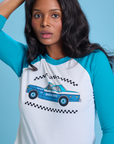 Taxi Raglan Tee in San Francisco front close up on Kandia