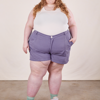 Catie is 5'11" and wearing size 5XL Classic Work Shorts in Faded Grape paired with a vintage off-white Tank Top