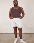 Elijah is 6’0” and wearing 3XL Classic Work Shorts in Vintage Tee Off-White paired with espresso brown Tank Top