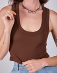 Cropped Tank Top in Fudgesicle Brown front close up on Alex