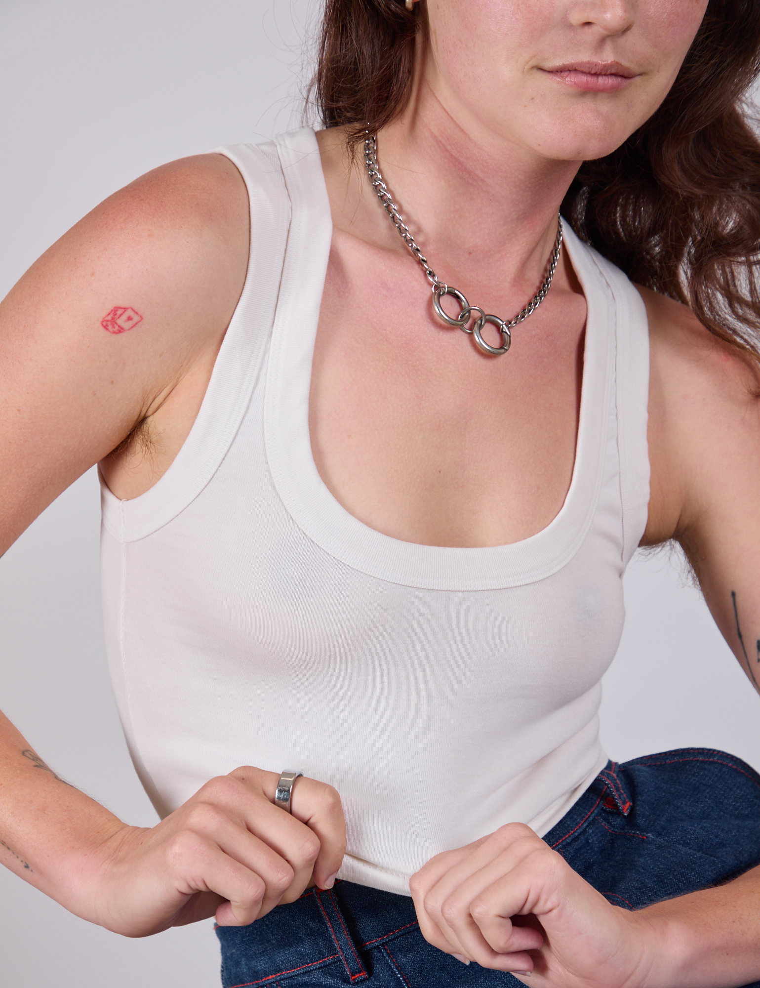 Front close up of Cropped Tank Top in Vintage Tee White on Alex