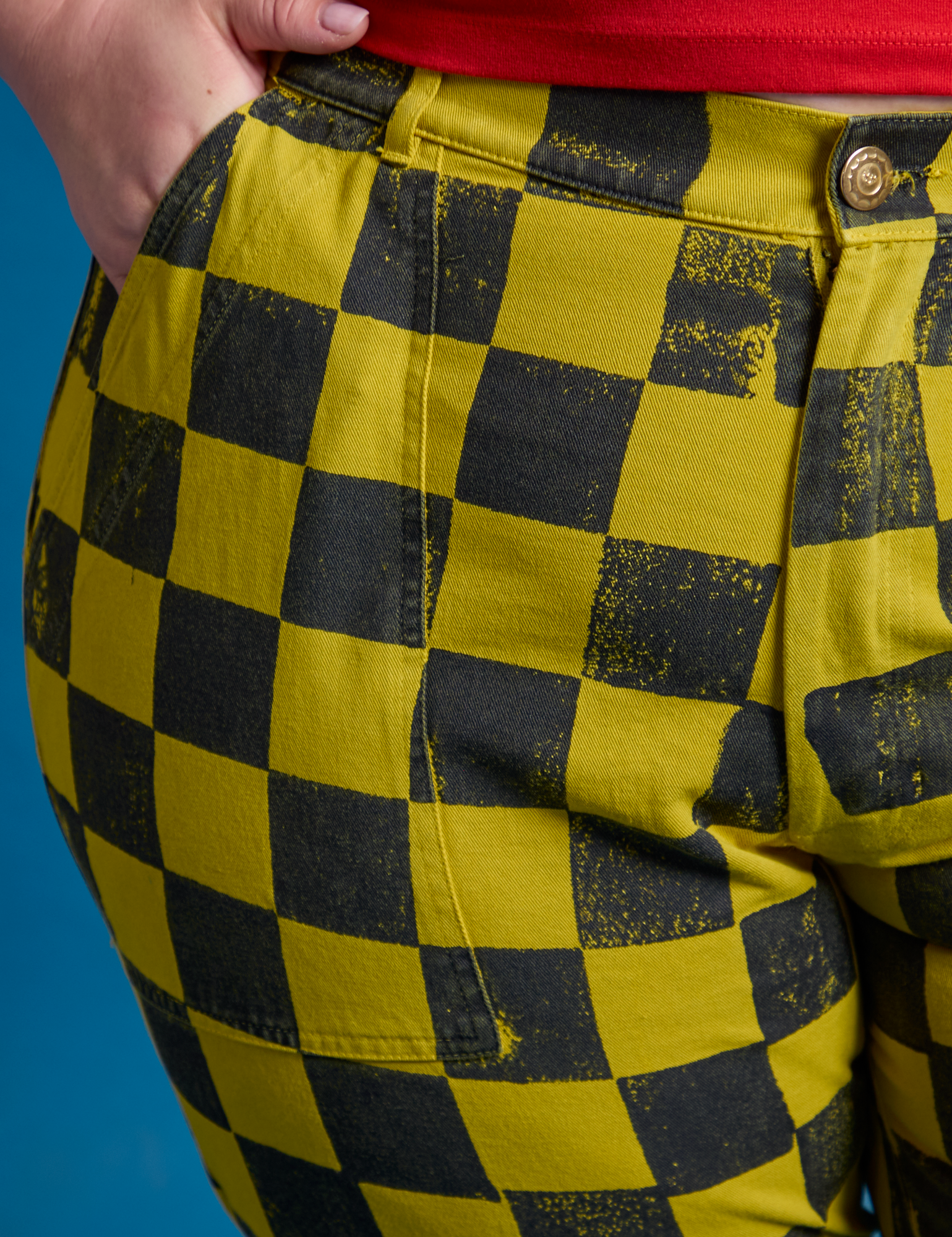 Front close up of Checkerboard Work Pants in Yellow/Black on Ashley