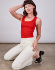 Tank Top in Mustang Red and vintage tee off-white Work Pants worn by Alex
