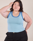 Ashley is 5'7" and wearing L Colorblock Cropped Tank in Baby Blue