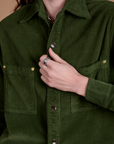 Cropped Corduroy Overshirt in Evergreen front close up on Alex