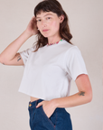 Cropped Burly Tee in Vintage Tee White angled front view on Alex