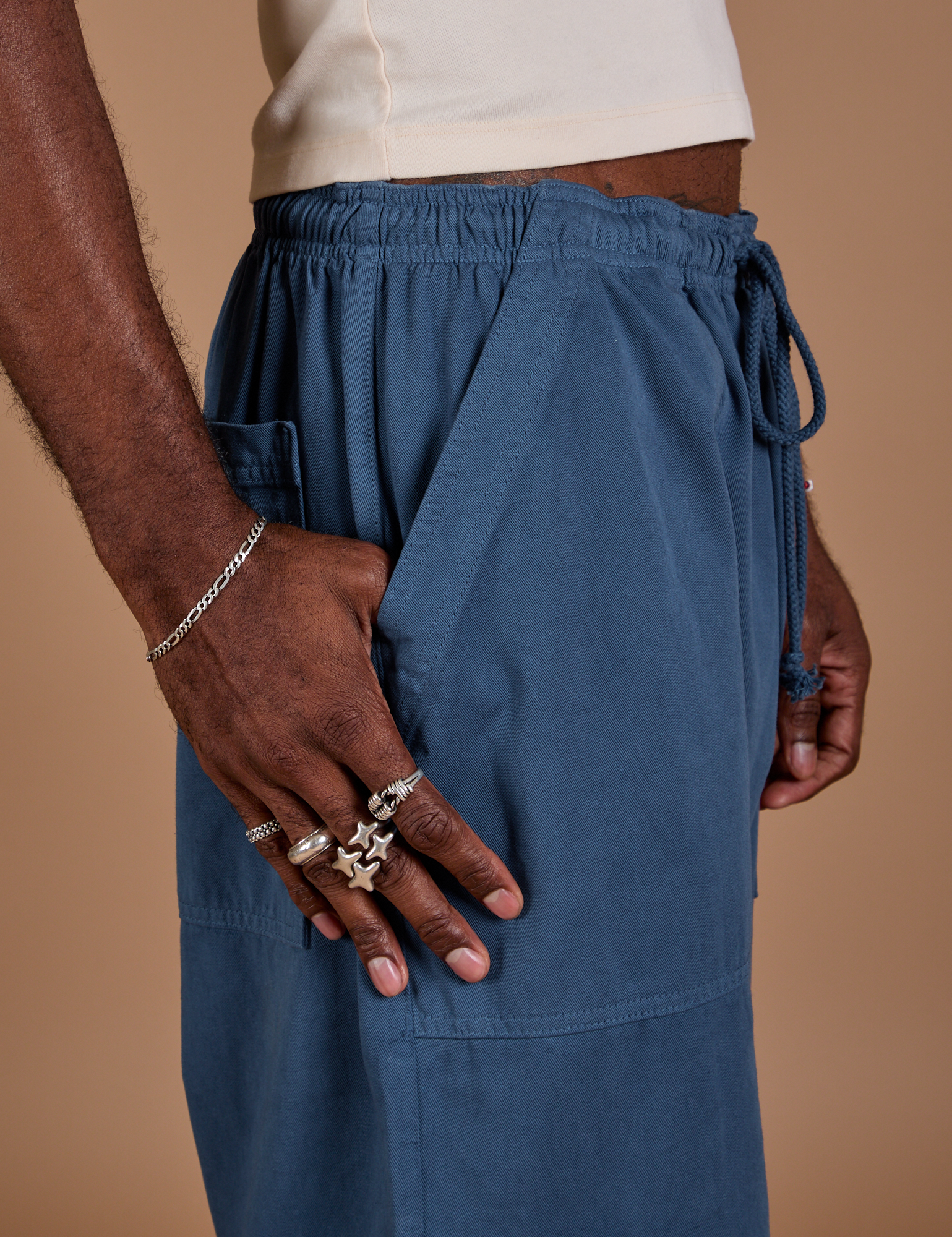 Drop Pocket Cargo Pants in French Blue side close up on Jerrod