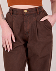 Overdyed Denim Trouser in Fudge front close up on Alex
