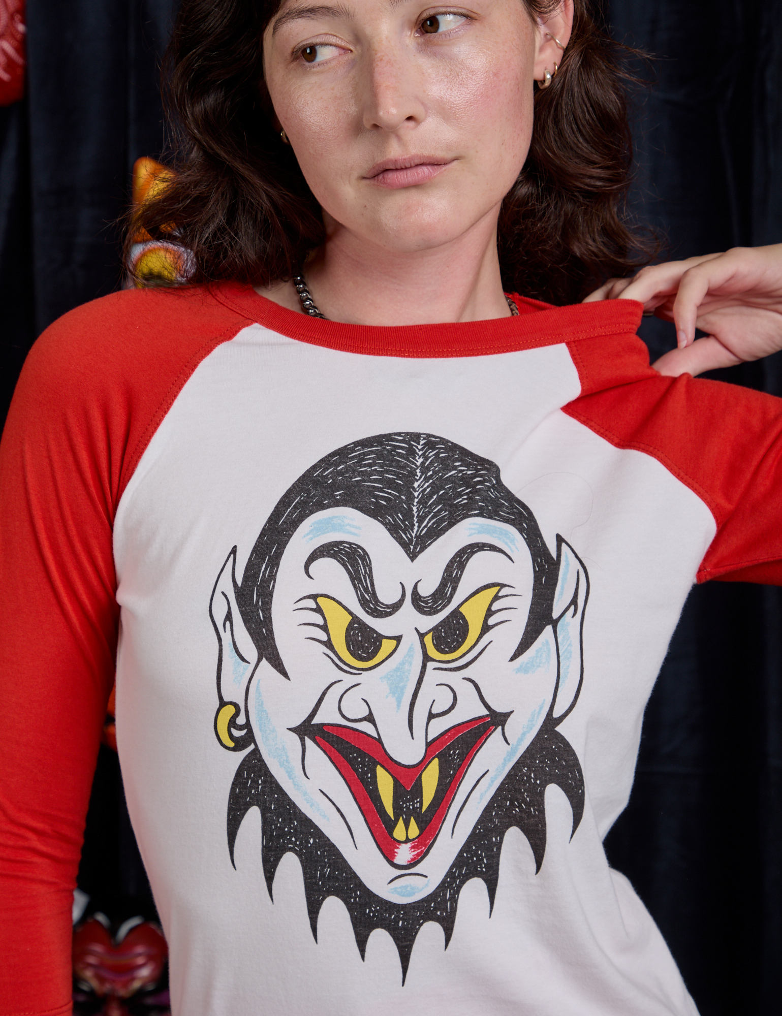 Raglan Tee in Dracula front close up on Alex