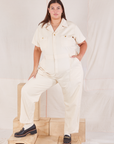 Katie is 6’2” and wearing 2XL Heritage Short Sleeve Jumpsuit in Natural