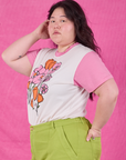 Side view of Anniversary Tee in Pink Poppy on Ashley