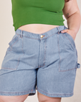 Carpenter Shorts in Light Wash front close up on Ashley