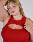 Front close up of Porthole Tank in Mustang Red on Juliet