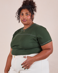 JV Tee in Swamp Green angled front view on Morgan