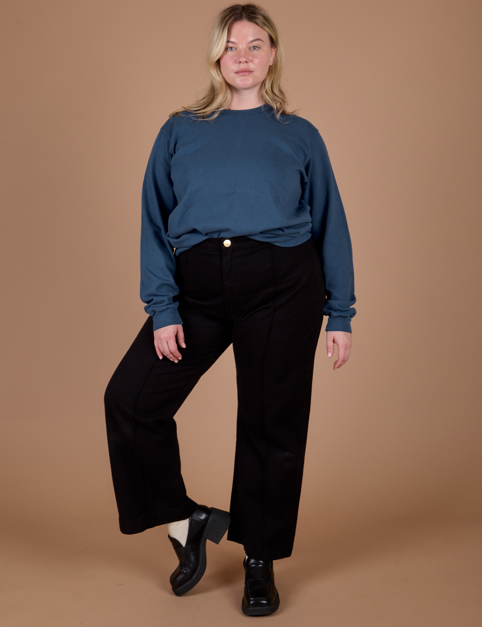Long Sleeve Burly Tee in French Blue and black Work Pants on Lish
