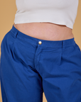 Baggy Mid-Rise Trousers in Royal Blue front close up on Juliet