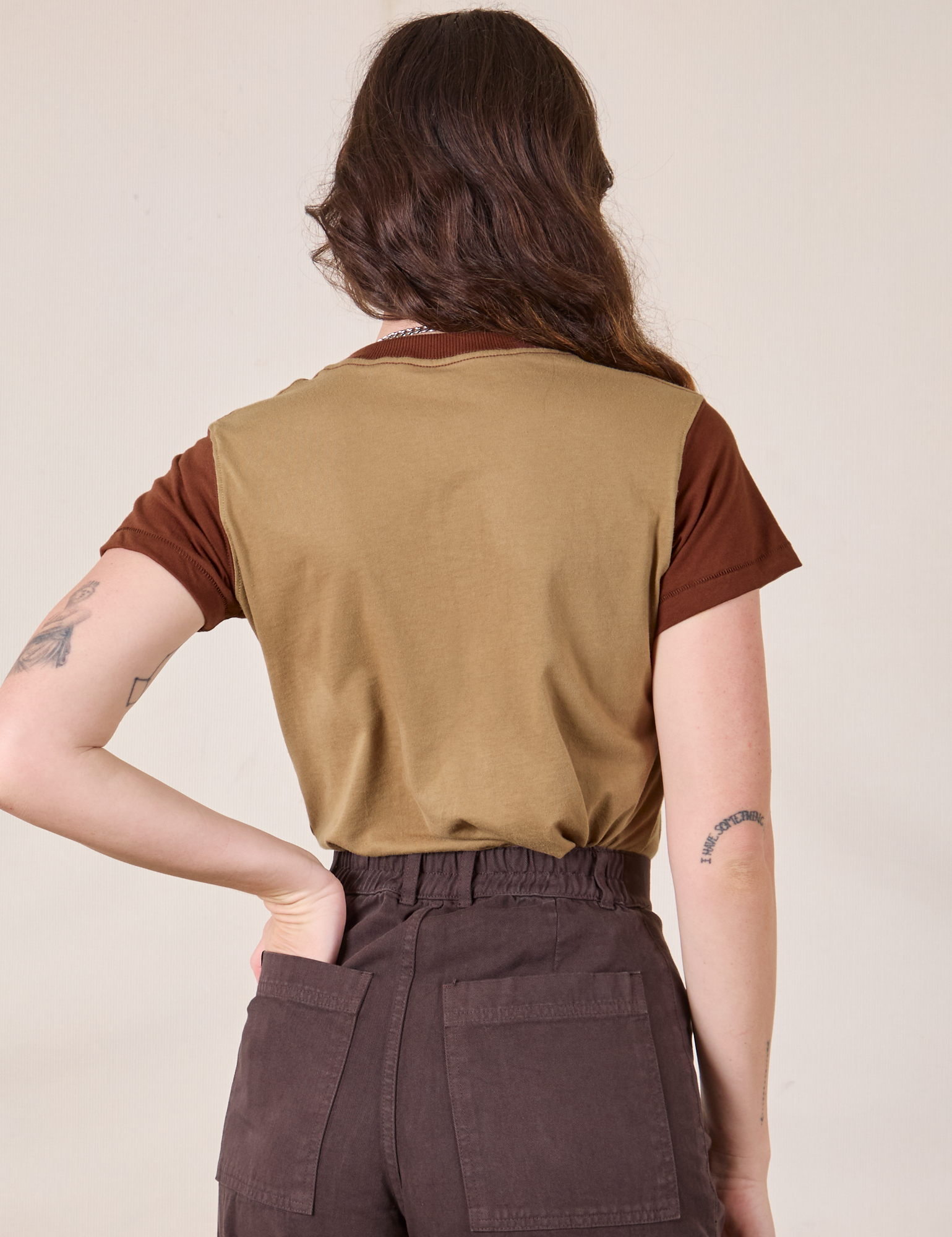 Mismatched Tee in Tan & Brown back view on Alex