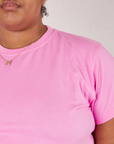Organic Vintage Tee in Bubblegum Pink front shoulder close up on Morgan
