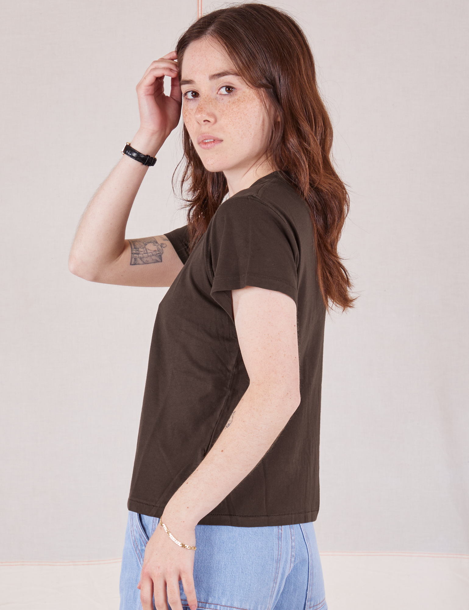 Organic Vintage Tee in Espresso Brown side view on Hana