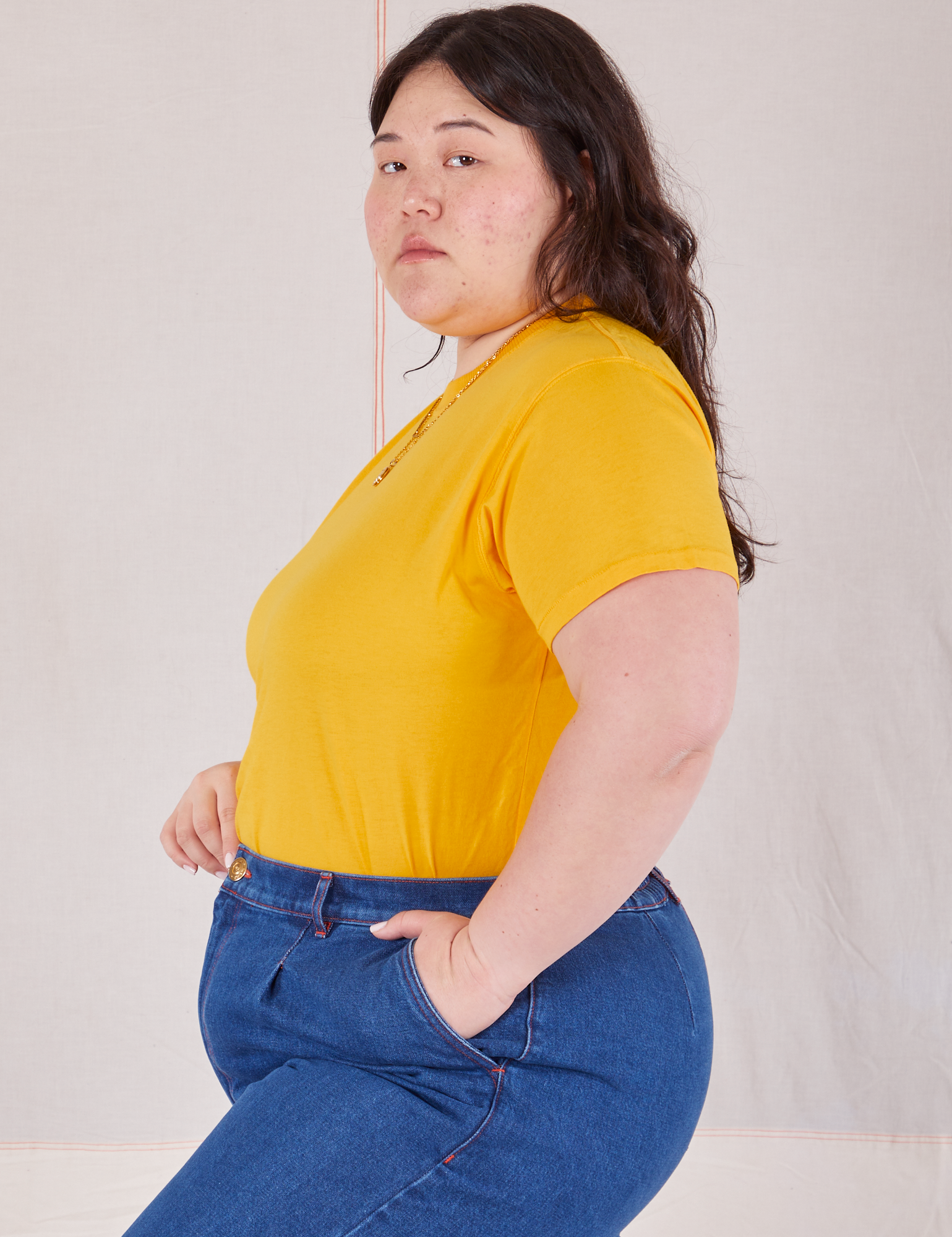 Organic Vintage Tee in Sunshine Yellow side view on Ashley