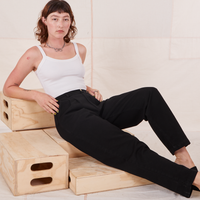 Alex is wearing Organic Trousers in Basic Black and vintage off-white Cropped Cami