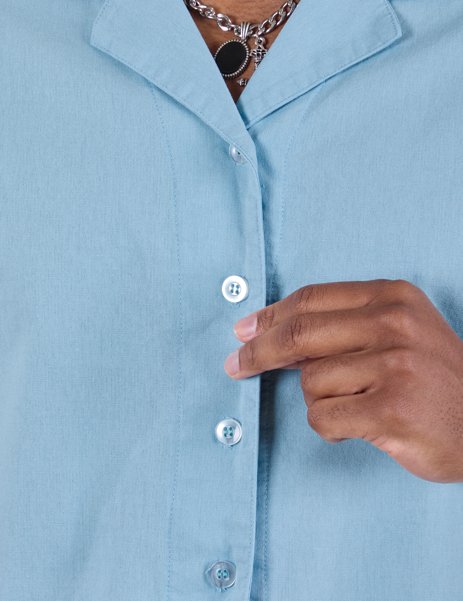 Pantry Button-Up in Baby Blue front close up on Isaac