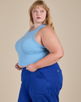 Racerback Tank in Baby Blue angled front view on Juliet