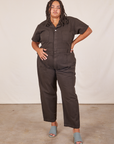 Alicia is 5’9” and wearing 2XL Short Sleeve Jumpsuit in Espresso Brown 