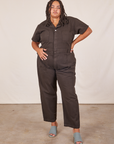 Alicia is 5’9” and wearing 2XL Short Sleeve Jumpsuit in Espresso Brown