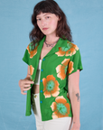 Paintstamped Pantry Button-Up in Kelly Green angled front view on Alex