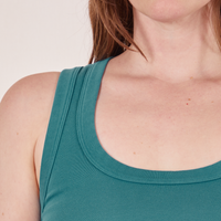 Upper front shoulder close up of Tank Top in Marine Blue worn by Allison