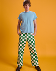 Quinn is 6'3" and wearing M Checkerboard Work Pants in White/Green paired with a baby blue Organic Vintage Tee
