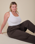 Lish is wearing Heavyweight Trousers in Espresso Brown and vintage tee white Cropped Tank