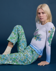 Floral Long Sleeve Baby Tee in Baby Blue and Floral Printed Work Pants on Madeline