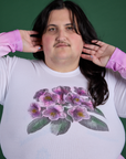 Front close up of Floral Long Sleeve Baby Tee in Pink on Sam