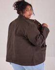 Denim Work Jacket in Espresso Brown angled back view on Morgan