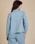 Indigo Denim Work Jacket in Light Wash back view on Alex