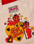 Devil Big Bud Shopper Tote. Yellow heart with red Big Bud text. Two red devils near heart