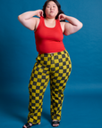 Checkerboard Work Pants in Yellow/Black and mustang red Tank Top on Ashley
