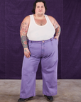 Sam is 5'10" and wearing 2XL Overdyed Wide Leg Trousers in Faded Grape and Tank Top in vintage tee off-white