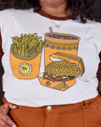 Anniversary Tee in Fast Food front close up on Morgan