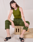 Railroad Carpenter Jeans in Summer Olive and summer olive Muscle Tee on Alex