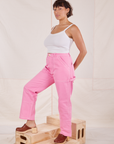 Side view of Carpenter Jeans in Bubblegum Pink worn by Tiara
