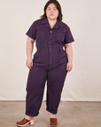 Ashley is 5'7" and wearing 1XL Short Sleeve Jumpsuit in Nebula Purple