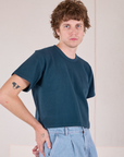 Cropped Burly Tee in Lagoon angled front view on Quinn