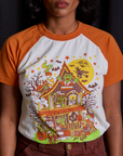 Short Sleeve Raglan Tee in Haunted House close up on Kandia