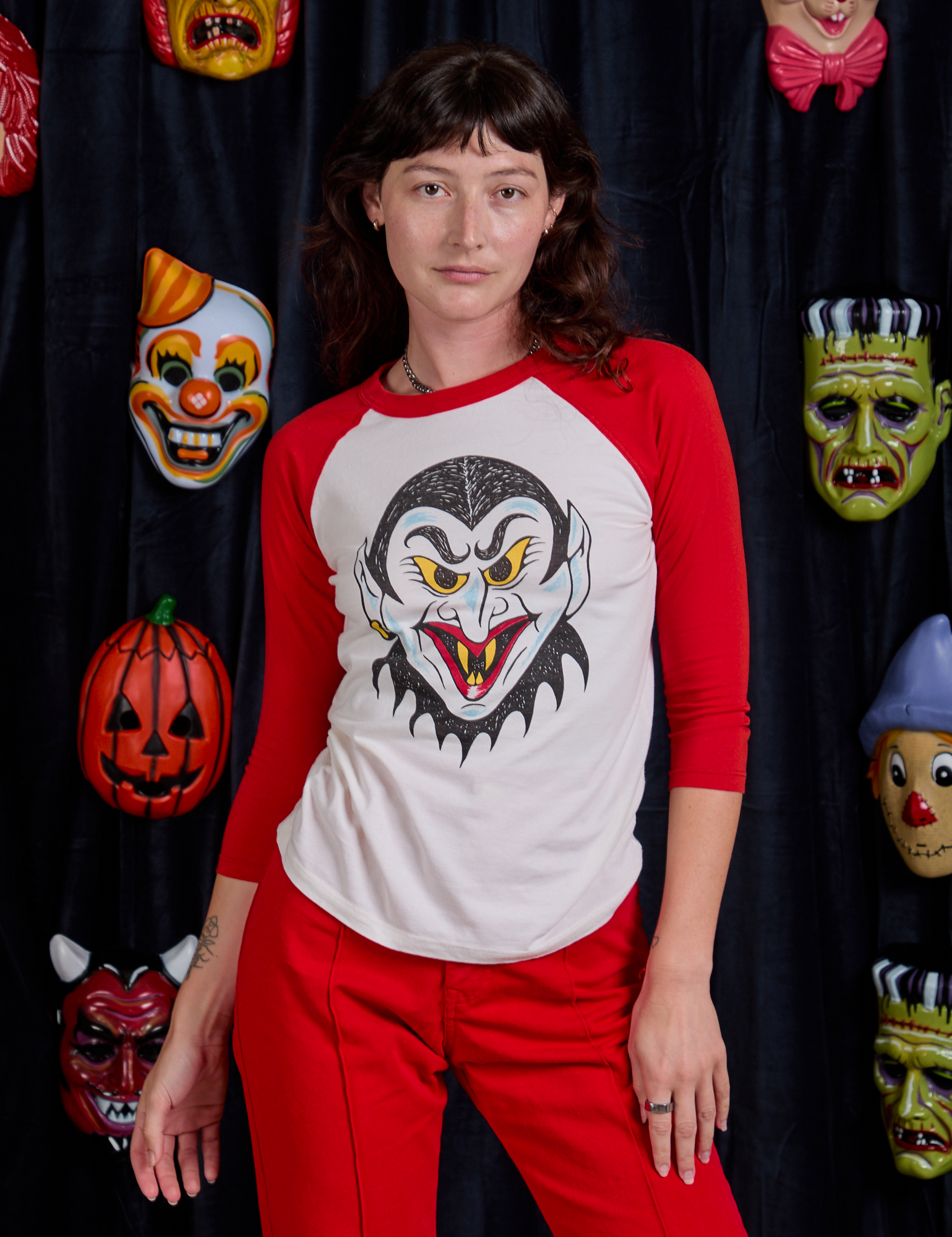 Raglan Tee in Dracula worn by Alex