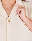 Heritage Short Sleeve Jumpsuit in Natural front close up on Katie