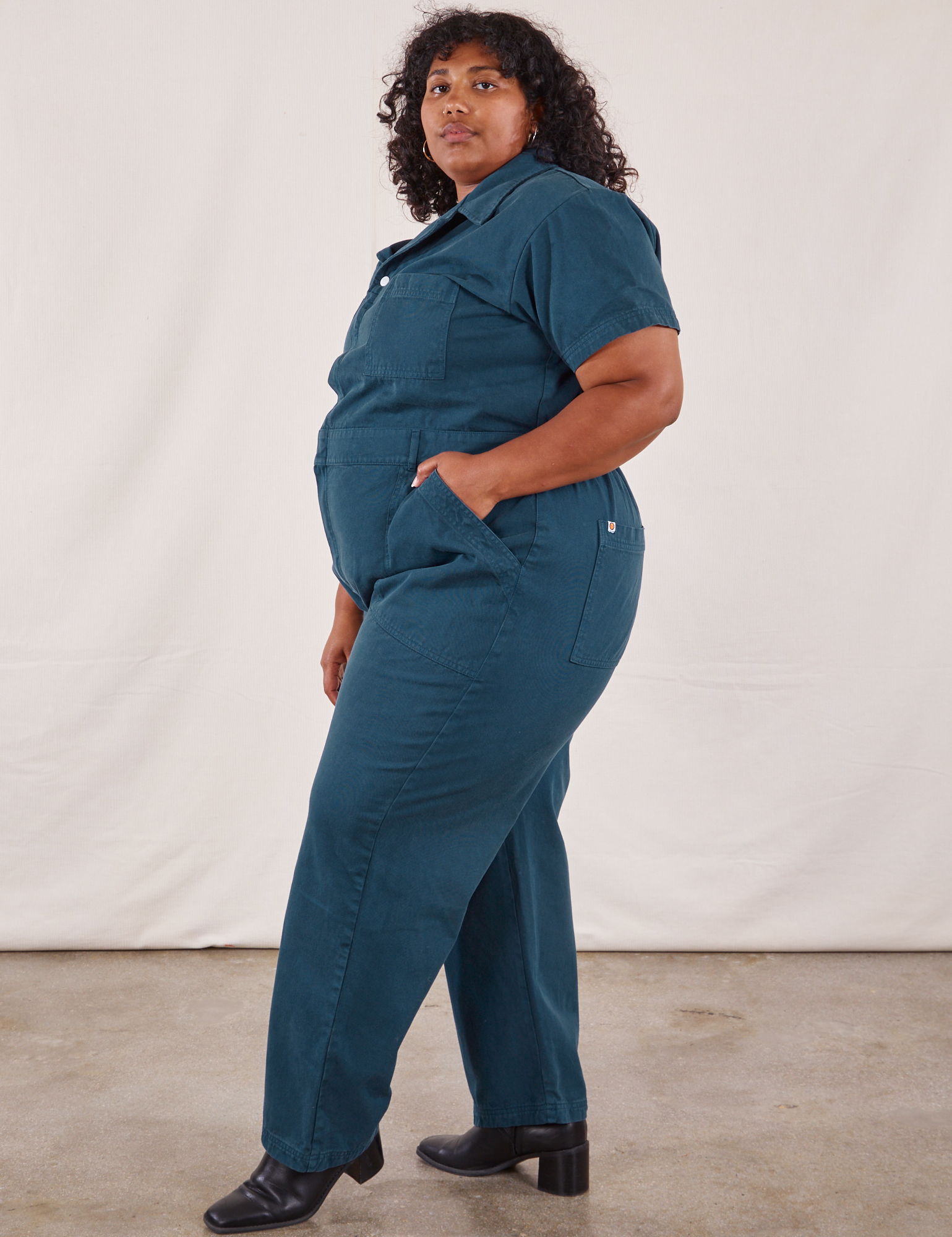 Short Sleeve Jumpsuit in Lagoon side view on Morgan