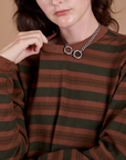 Long Sleeve Striped Burly Tee in Fudgesicle front close up on Alex